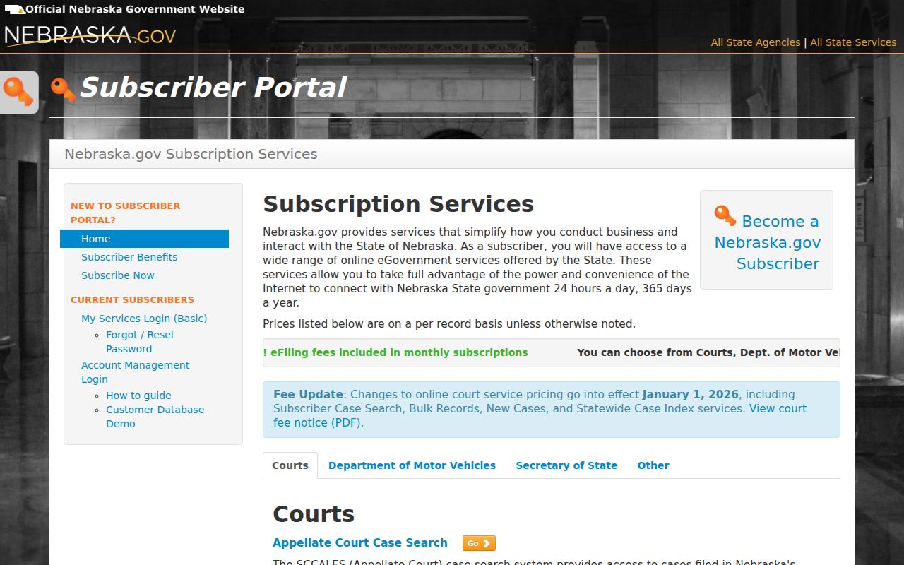 Arthur County case search recurring subscriber access page