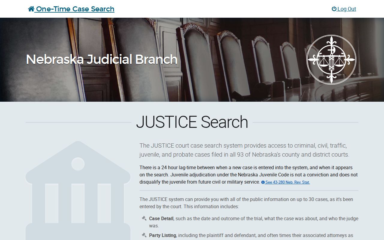 Arthur County case search JUSTICE Search landing interface
